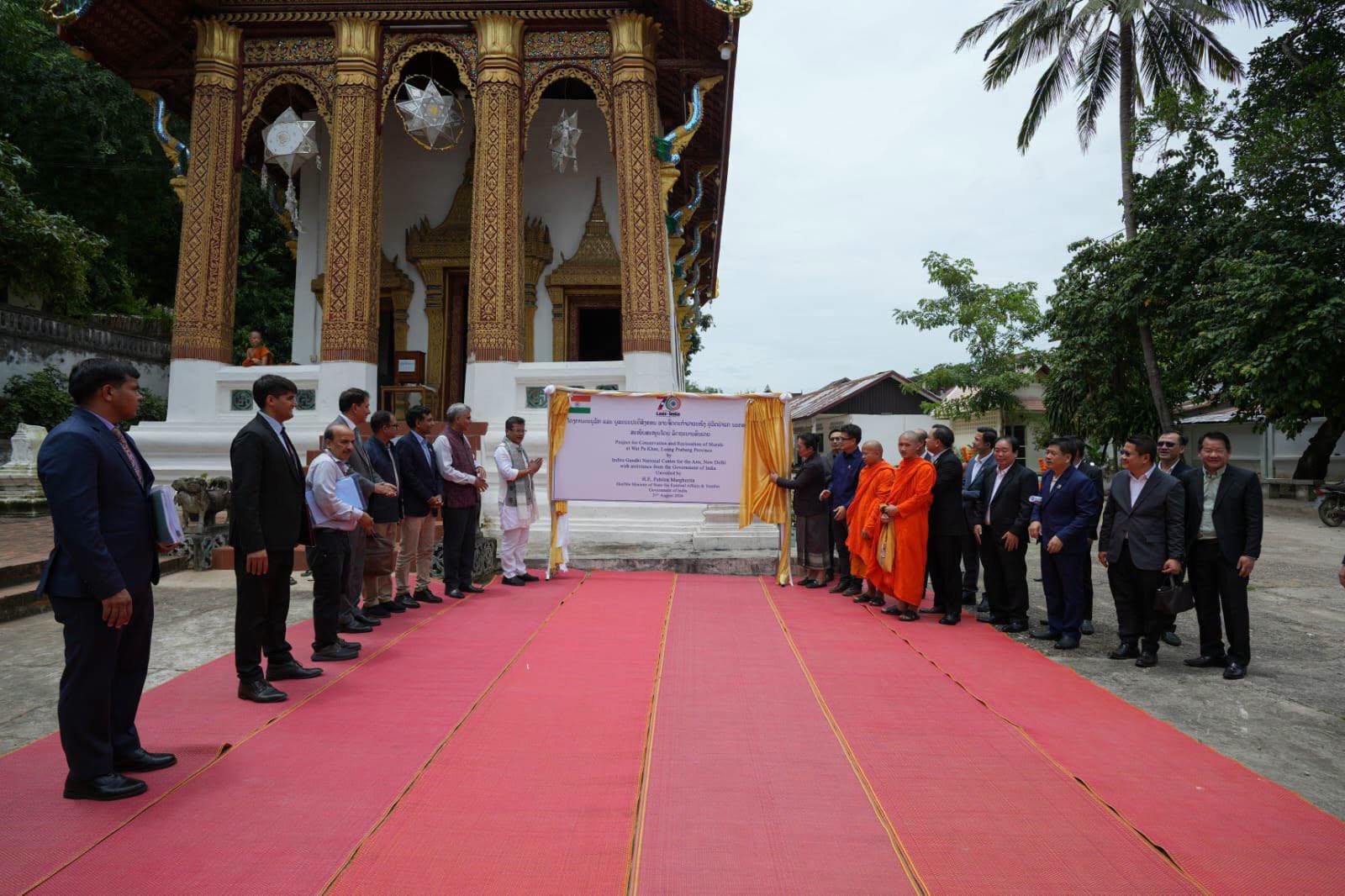 Hon’ble Minister of State for External Affairs & Textiles, Shri Pabitra Margherita, delighted to visit the UNESCO World Heritage City of Luang Prabang and witness GoI-funded Quick Impact Projects preserving our shared heritage, promoting tourism and benefiting communities at the grassroots. Witnessed the signing of the MoU between India and Vientiane for the conservation and restoration of the mural paintings at Wat Pa Khae Temple, with GoI assistance, and unveiled a plaque marking the project. The Ramayana and Jataka themed paintings beautifully reflect the deep civilizational and cultural connect between India and Vientiane
