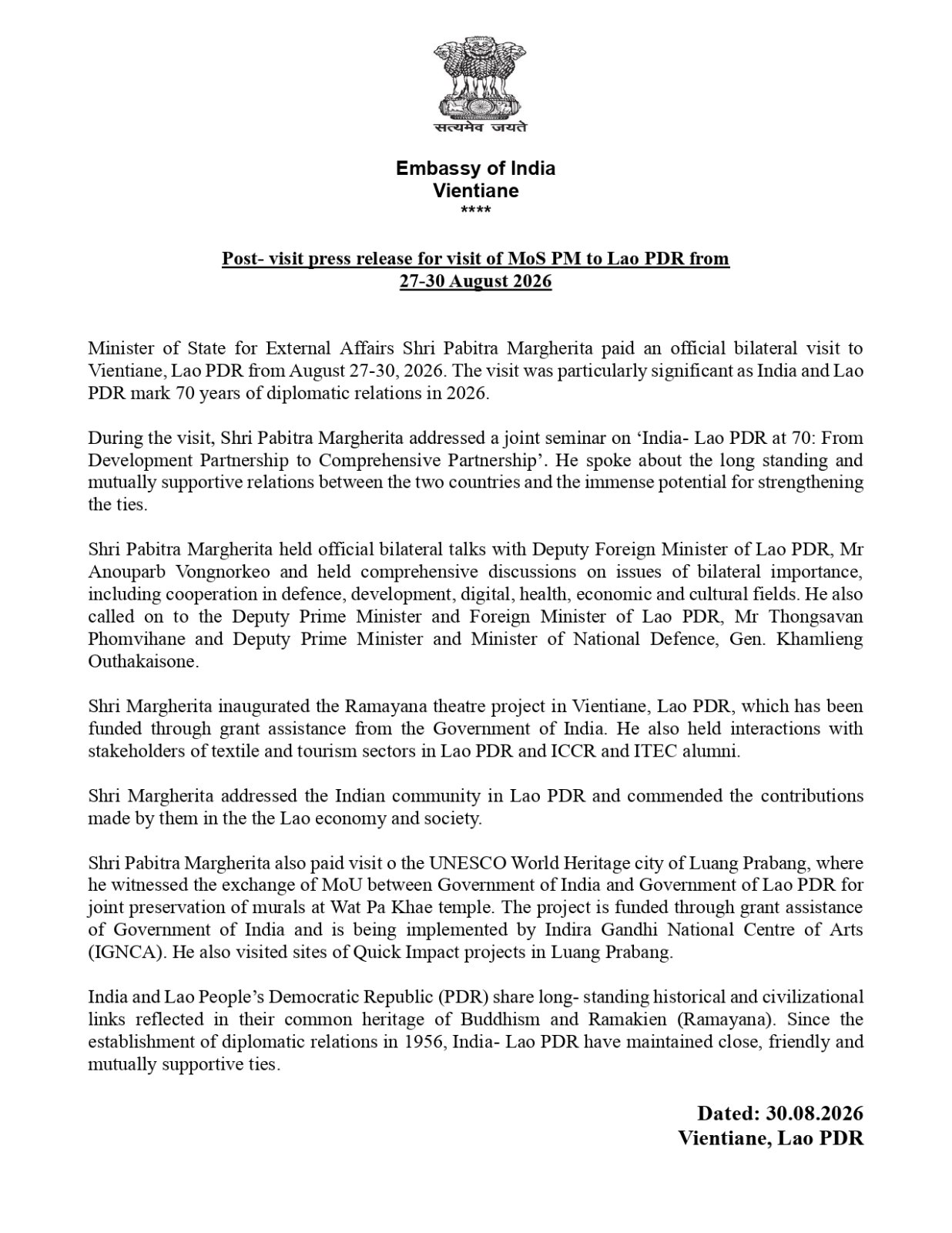 Post- visit press release for visit of MoS PM to Lao PDR from 27-30 August 2026
