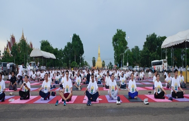 5th International Day of Yoga 2019 celebrations by Embassy of India, Vientiane on 15 June 2019 in front of That Luang Buddhist Stupa, Vientiane Capital